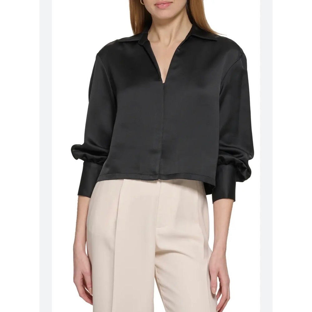 DKNY Black Satin Cropped Bishop Sleeve Dressy Work Blouse Menswear Inspired Top